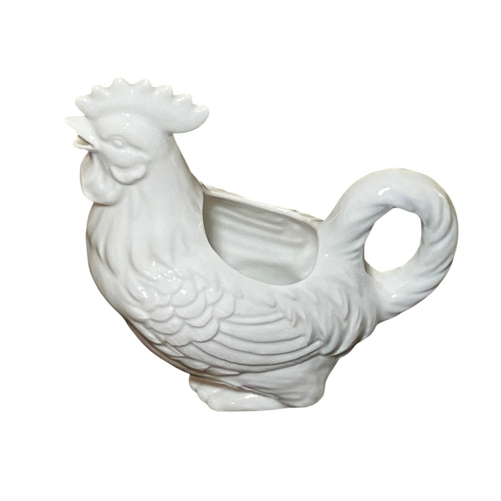 Rooster Creamer Pitcher White Ceramic Farmhouse Country Kitchen Vintage Style